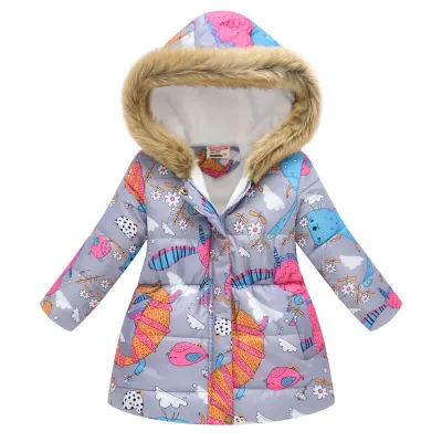 Girls Colorful Print Slim Fit Fur Collar Hooded Warm Coat with Zipper