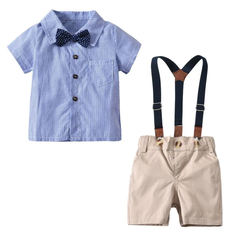 4 Pcs Boy Cotton Stripe Print Shirt And Shorts Bowtie Suspender Set