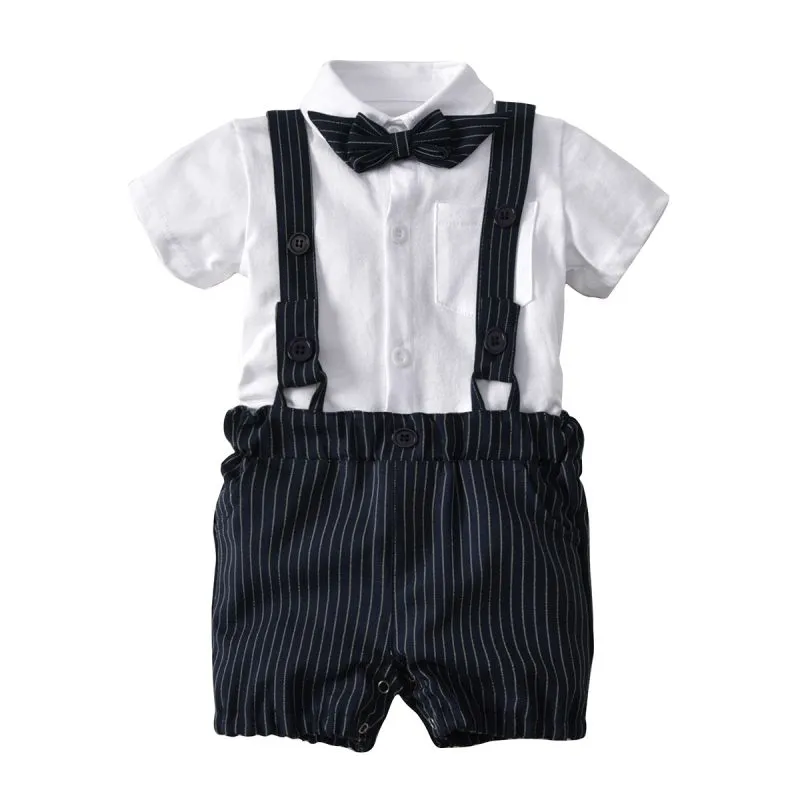 Conjunto de 4 Piezas de Camisa Blanca de Algodón, Pantalones Cortos, Corbata de Moño y Tirantes para Niño