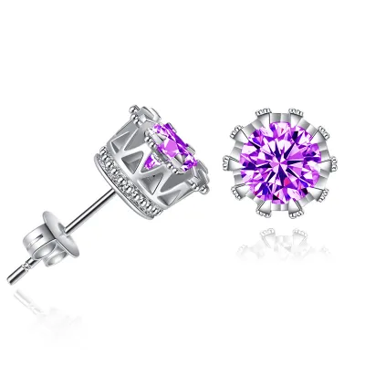 Cute Design Women Round Crown Shape Zircon Stud Earrings