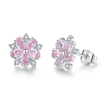 Fashion Unique Brass Sakura Design Women Zircon Stud Earrings