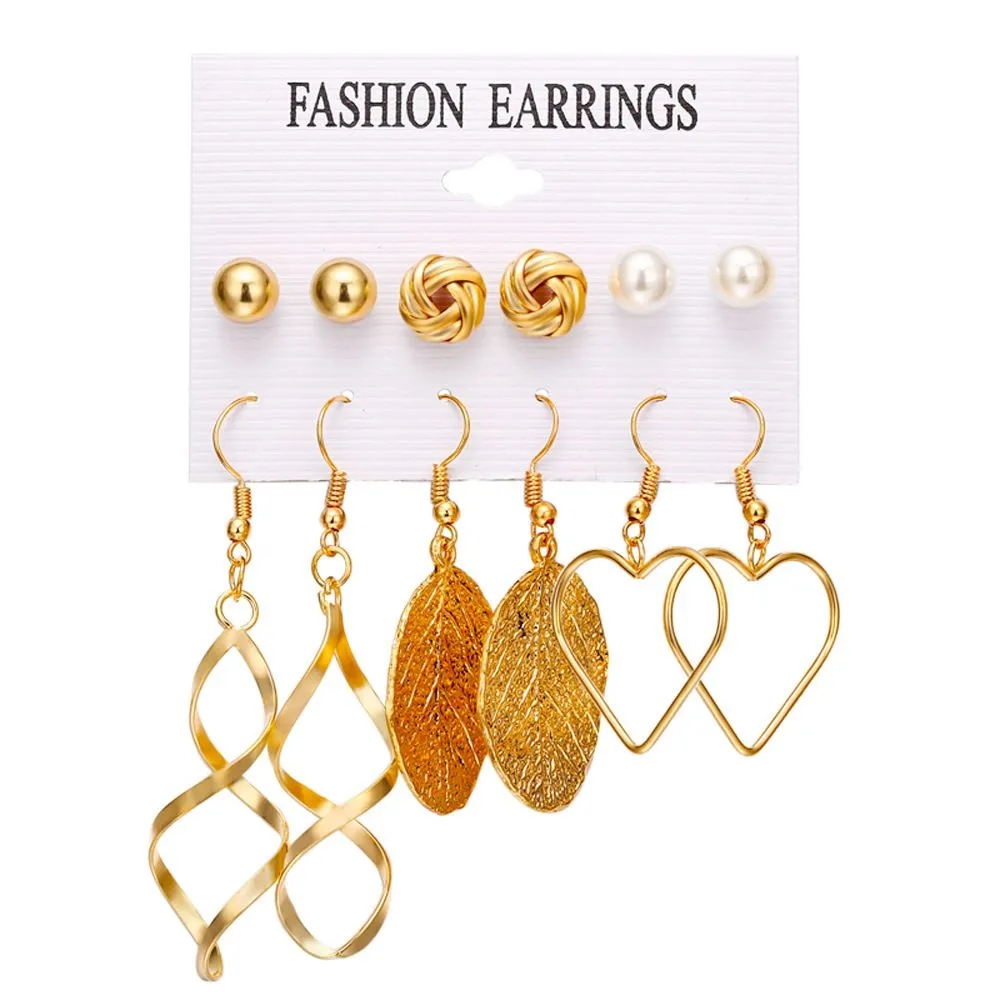 6 Pairs/set Women Golden Color Heart Leaves Round Stud Drop Earrings