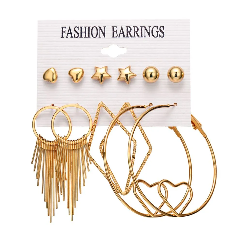 Fashion Gold Plated Women's Stud Hoop Earrings 6 Pairs/set Unisex Alloy Tassel Jewelry