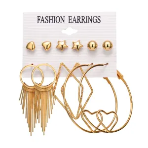 Fashion Gold Plated Women's Stud Hoop Earrings 6 Pairs/set Unisex Alloy Tassel Jewelry