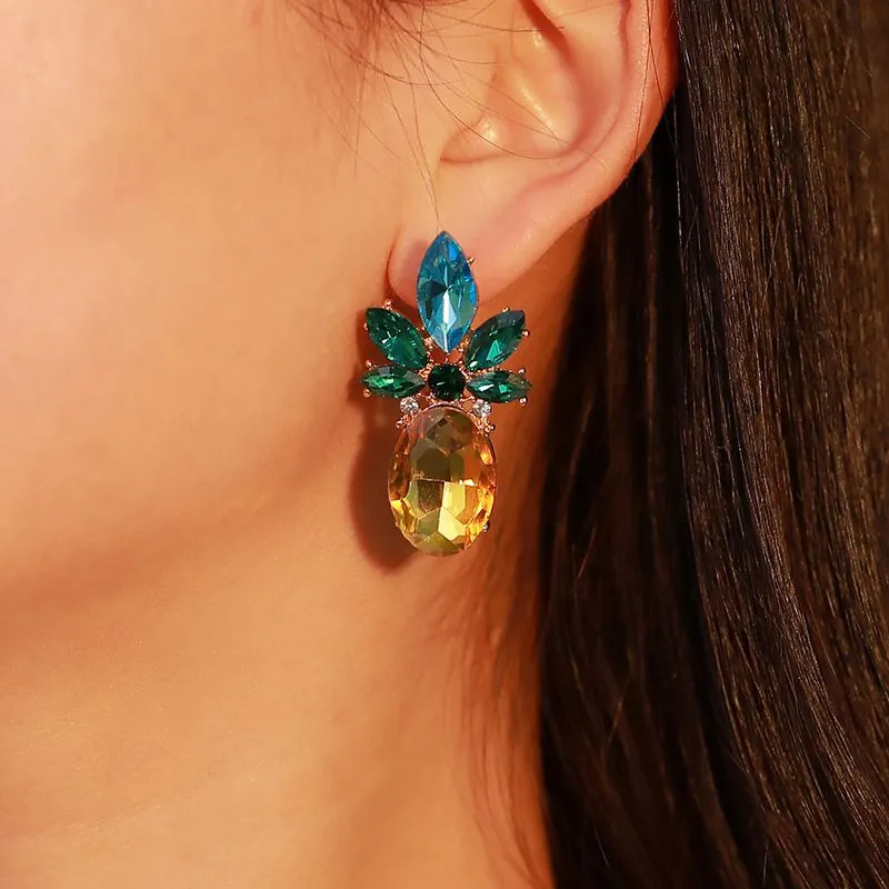 Fashion Multicolor Gemstone Alloy Pineapple Shaped Stud Earrings