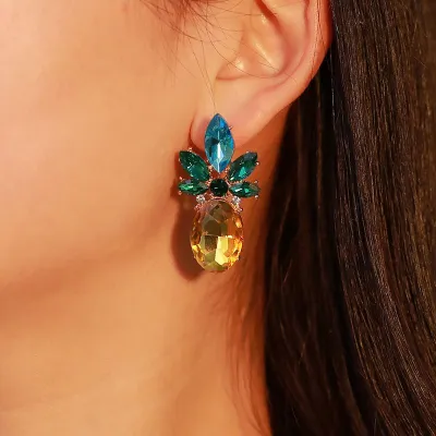 Fashion Multicolor Gemstone Alloy Pineapple Shaped Stud Earrings
