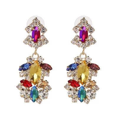 Women Exaggerated Layered Golden Alloy Crystal Drop Earrings