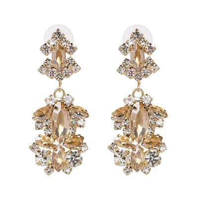 Women Exaggerated Layered Golden Alloy Crystal Drop Earrings