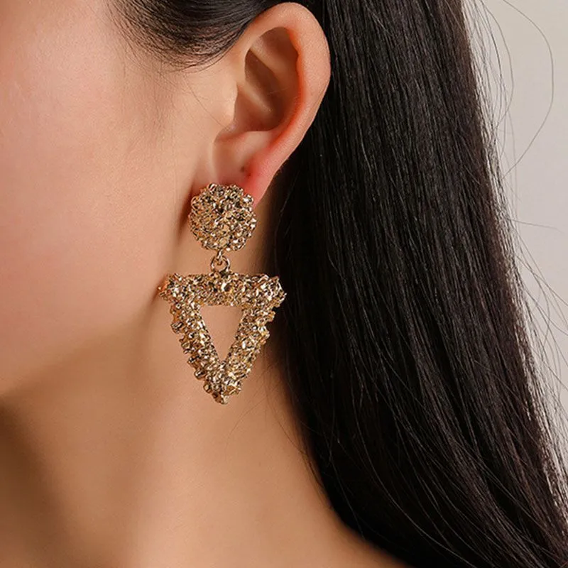 Geometric Hollow Triangle Rose Pattern Carving Alloy Earrings for Women