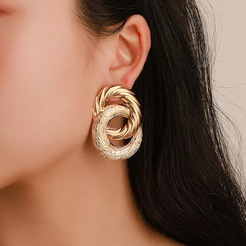 Double Layer Hollow Round Shape Carving Alloy Earrings