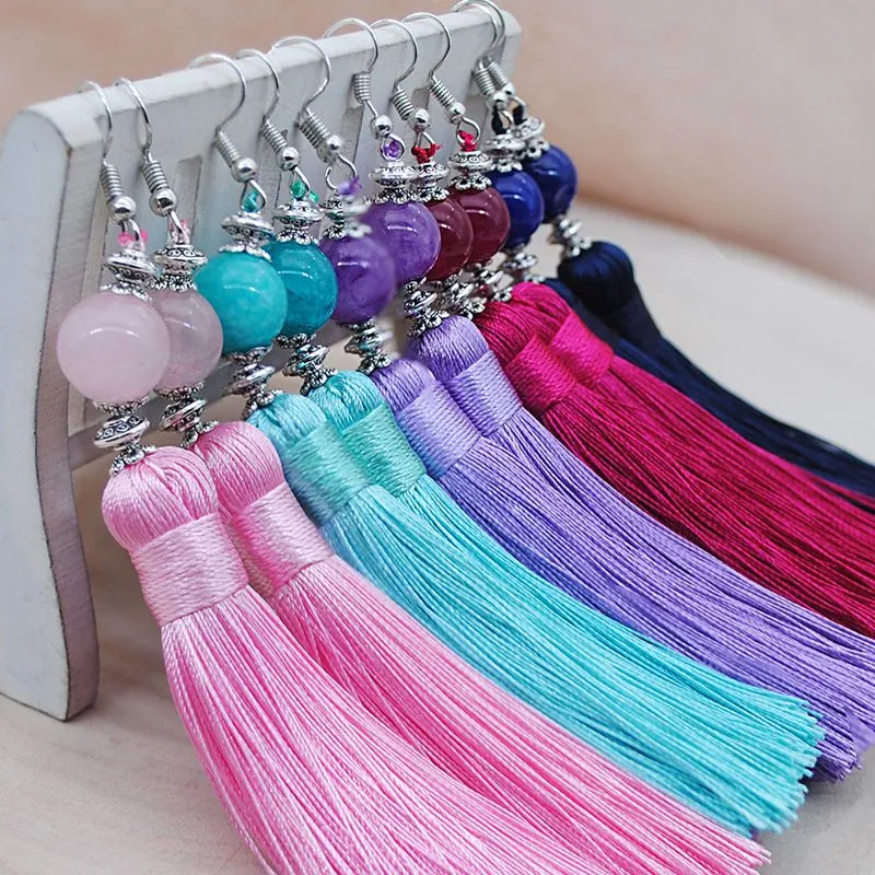 New Boho Ethnic Handmade Stone Beads Tassel Earrings for Women
