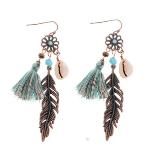 New Design Bohemia Style Alloy Feather Tassel Shell Earrings