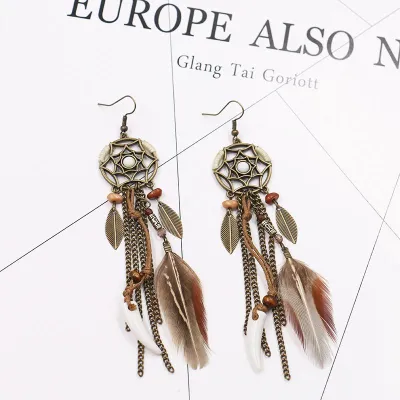 Bohemian Style Dream Catcher Feather Tassel Earrings for Women