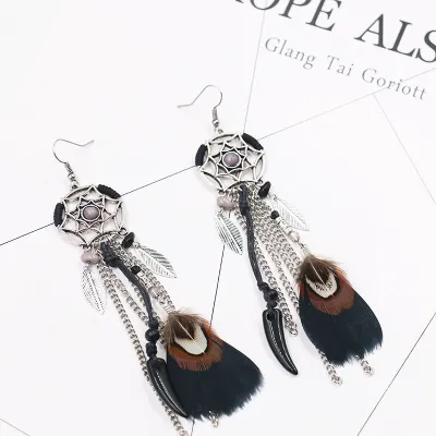 Bohemian Style Dream Catcher Feather Tassel Earrings for Women