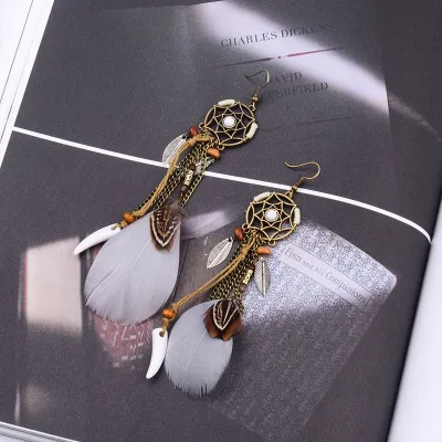 Bohemian Style Dream Catcher Feather Tassel Earrings for Women