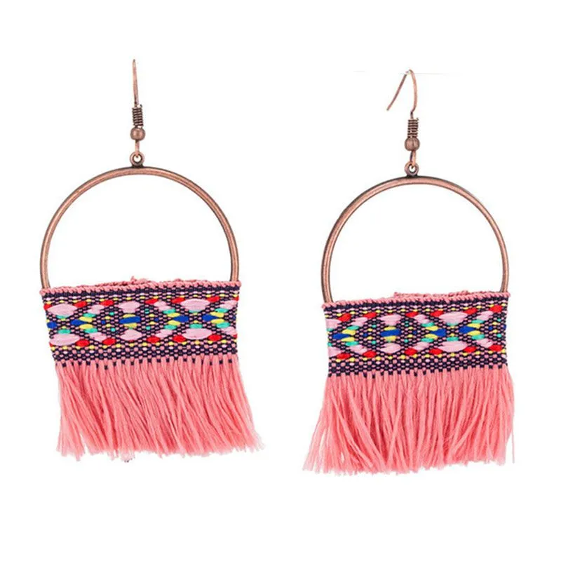 Women Boho Vacation Style Hollow Half Round Tassel Earrings