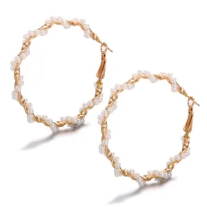 New Winding Pearl Design Handmade Big Circle Earrings for Women