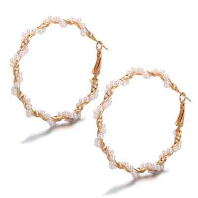New Winding Pearl Design Handmade Big Circle Earrings for Women