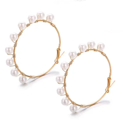 Pearl Decor C-shaped Handmade Women Unique Crystal Alloy Earrings