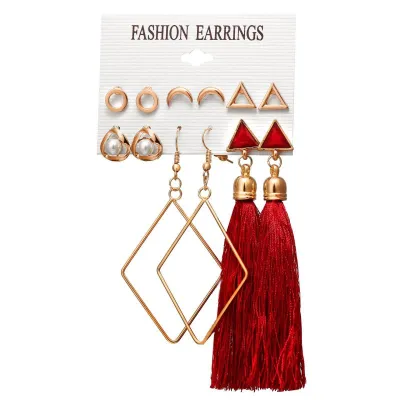 6 Pcs Simple Fashion Tassel Earrings Combination Set Crystal Unisex