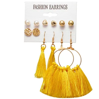 6 Pcs Simple Fashion Tassel Earrings Combination Set Crystal Unisex