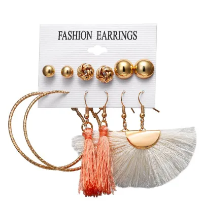 6 Pcs Simple Fashion Tassel Earrings Combination Set Crystal Unisex