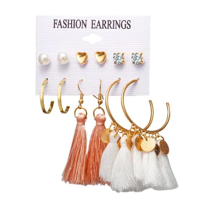 6 Pcs Simple Fashion Tassel Earrings Combination Set Crystal Unisex