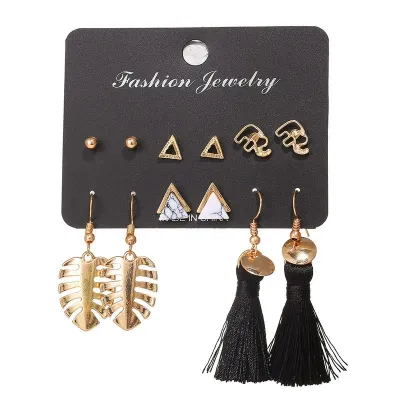 6 Pcs Simple Fashion Tassel Earrings Combination Set Alloy Cotton