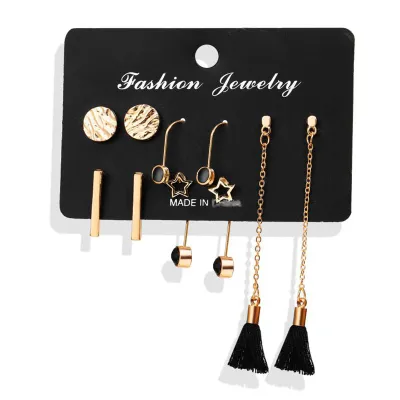 6 Pcs Simple Fashion Tassel Earrings Combination Set Alloy Cotton