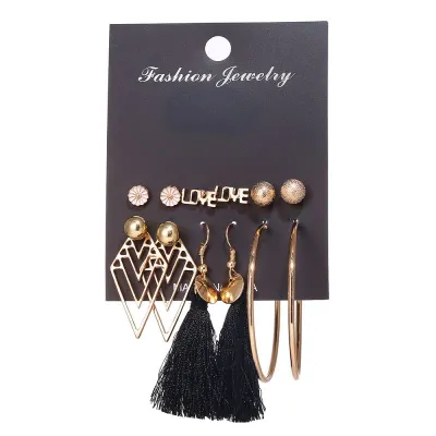 6 Pcs Simple Fashion Tassel Earrings Combination Set Alloy Cotton