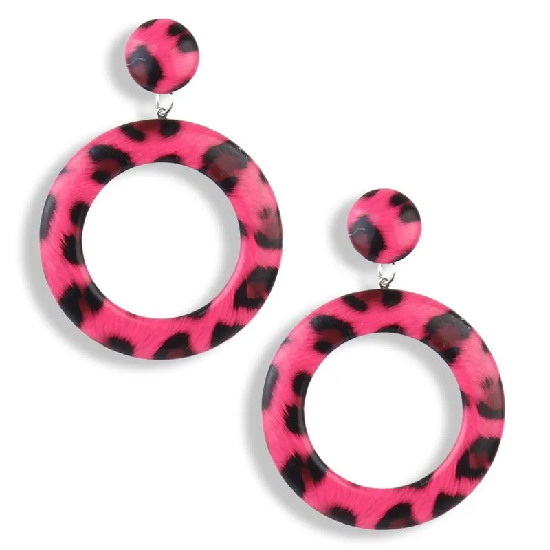 Round Circle Leopard Pattern Acrylic Dangle Earrings Women Geometric Pu Leather