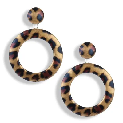 Round Circle Leopard Pattern Acrylic Dangle Earrings Women Geometric Pu Leather