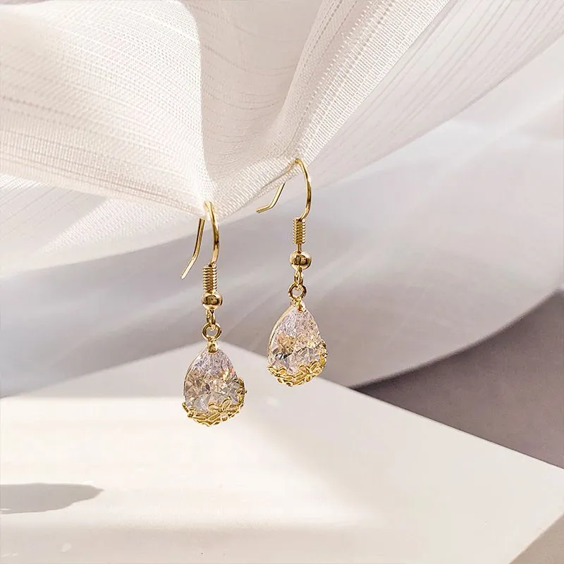 Water Droplet Rhinestone Teardrop Drop Earrings for Women Simple Style