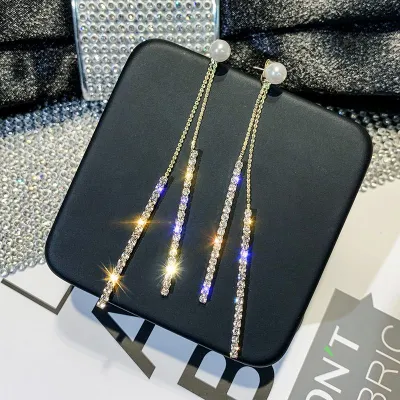 Temperament Pearl Decor Rhinestone Tassel Drop Earrings