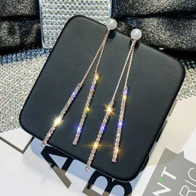 Temperament Pearl Decor Rhinestone Tassel Drop Earrings