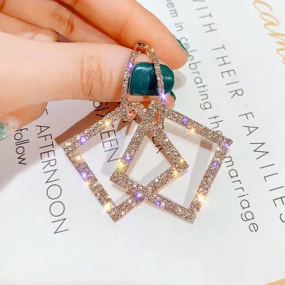 Square Pattern Rhinestone Hoop Earrings for Women