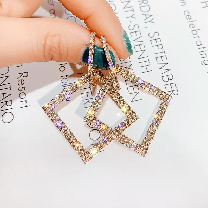 Square Pattern Rhinestone Hoop Earrings for Women