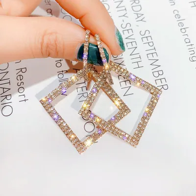 Square Pattern Rhinestone Hoop Earrings for Women