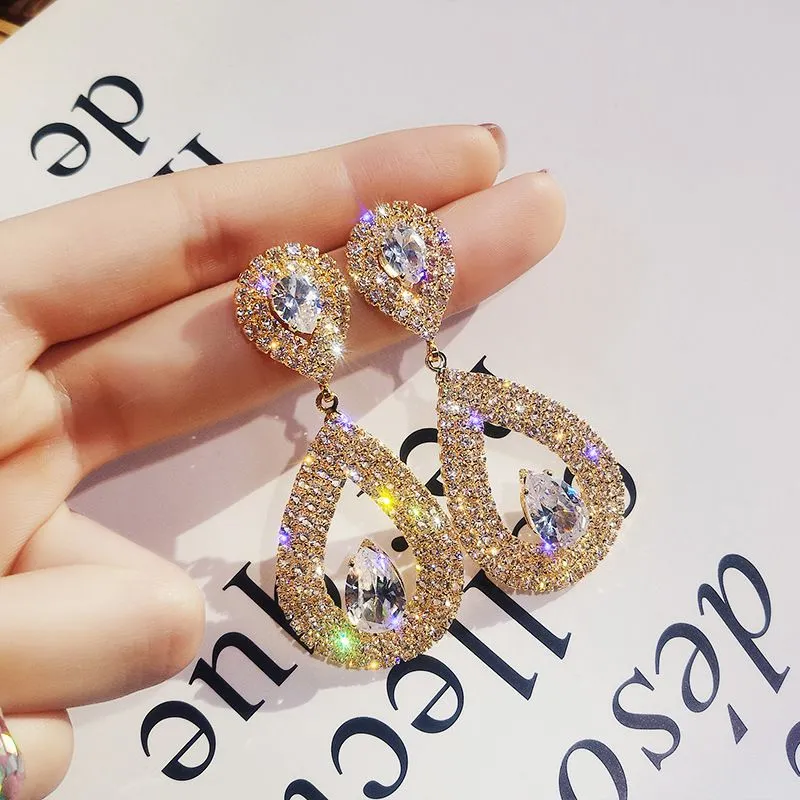 Double Water Droplets Pattern Rhinestone Teardrop Drop Earrings for Women