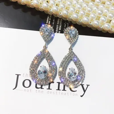 Double Water Droplets Pattern Rhinestone Teardrop Drop Earrings for Women
