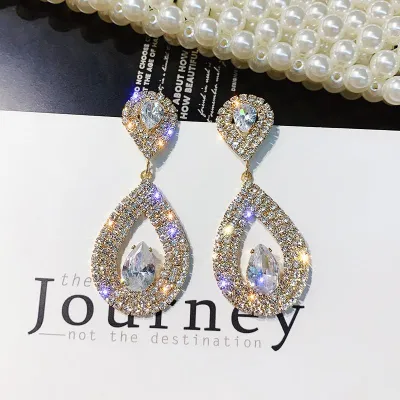 Double Water Droplets Pattern Rhinestone Teardrop Drop Earrings for Women