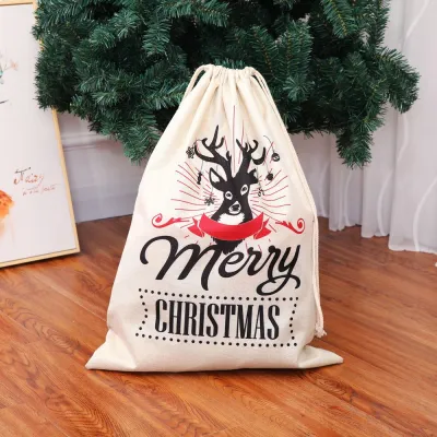 Christmas Supply Letter Print Drawstring Burlap Gift Bag for Party Favors