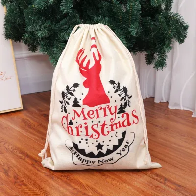 Christmas Supply Letter Print Drawstring Burlap Gift Bag for Party Favors