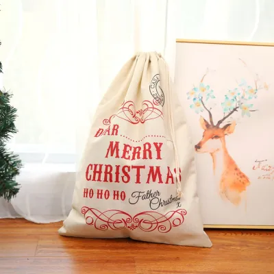 Christmas Supply Letter Print Drawstring Burlap Gift Bag for Party Favors