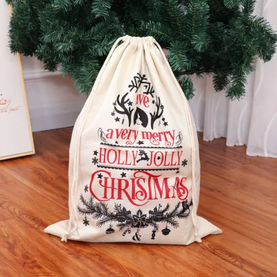 Christmas Supply Letter Print Drawstring Burlap Gift Bag for Party Favors