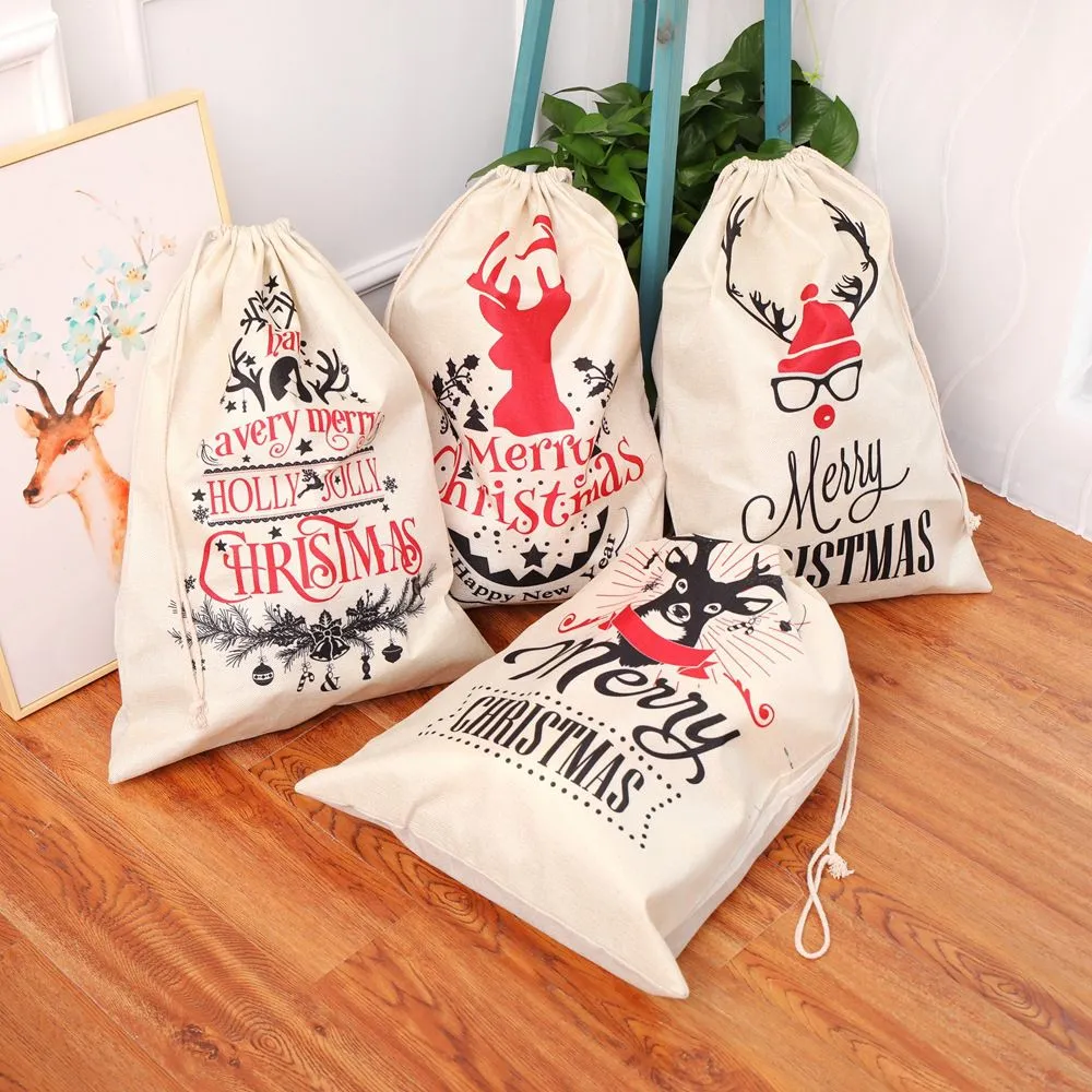 Christmas Supply Letter Print Drawstring Burlap Gift Bag for Party Favors