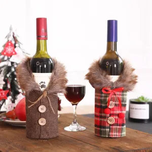 Christmas Button Design Wine Bottle Cover Tableware - Plaid Red Wine Set