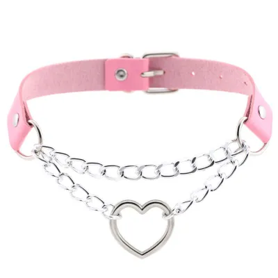 Creative Double Layer Metal Chain Hollow Heart Design PU Choker