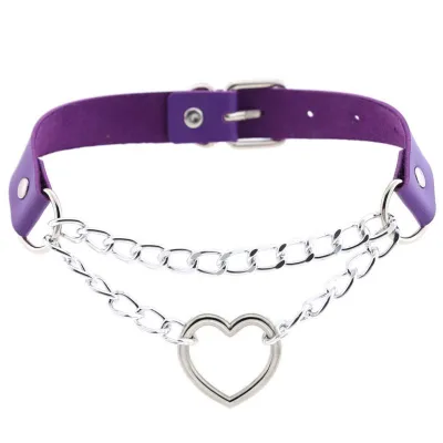 Creative Double Layer Metal Chain Hollow Heart Design PU Choker