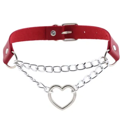 Creative Double Layer Metal Chain Hollow Heart Design PU Choker